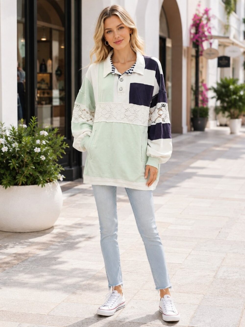 Free People We The Free American Dream Polo Pullover Top Striped M